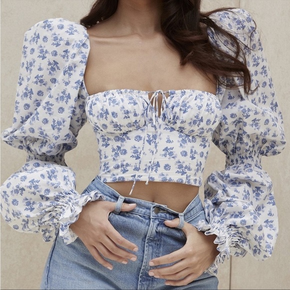 HOUSE OF CB 'Millicent' Blue Print Cropped Corset Top - Picture 7 of 13